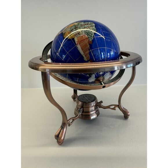 VINTAGE LAPIS LAZULI WORLD GLOBE DESK TABLE TOP GEMSTONES COPPER STAND COMPASS - Picture 4 of 16